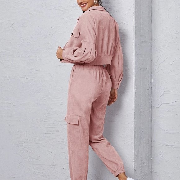 Dusty Pink Corduroy Flap Detail Jacket With Tie Front Cargo Pants - Picture 2 of 5